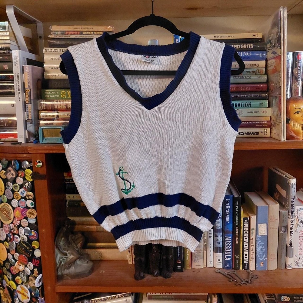 Vintage made in USA navy and white sweater vest with embroidered nautical detail